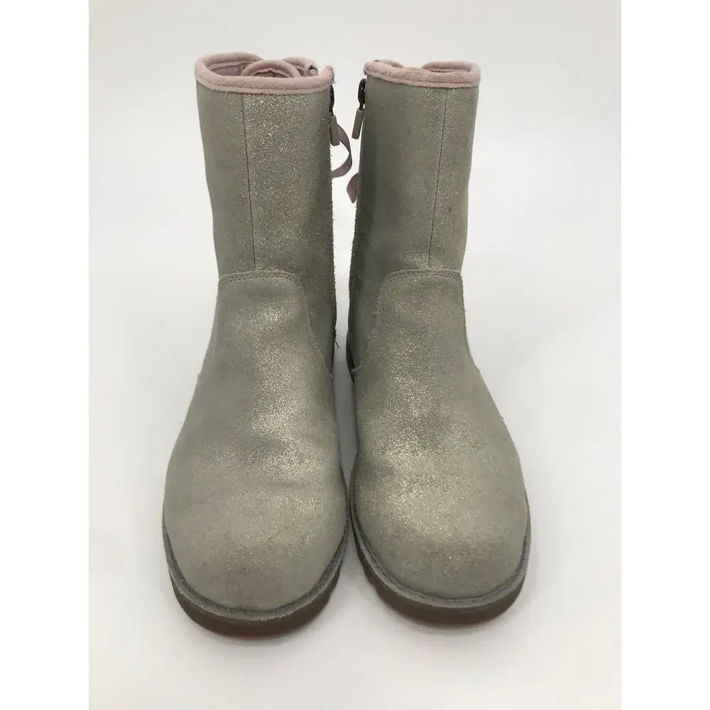 UGG Girls Corene Silver Metallic Suede Pink Lace Up Boots Size 6